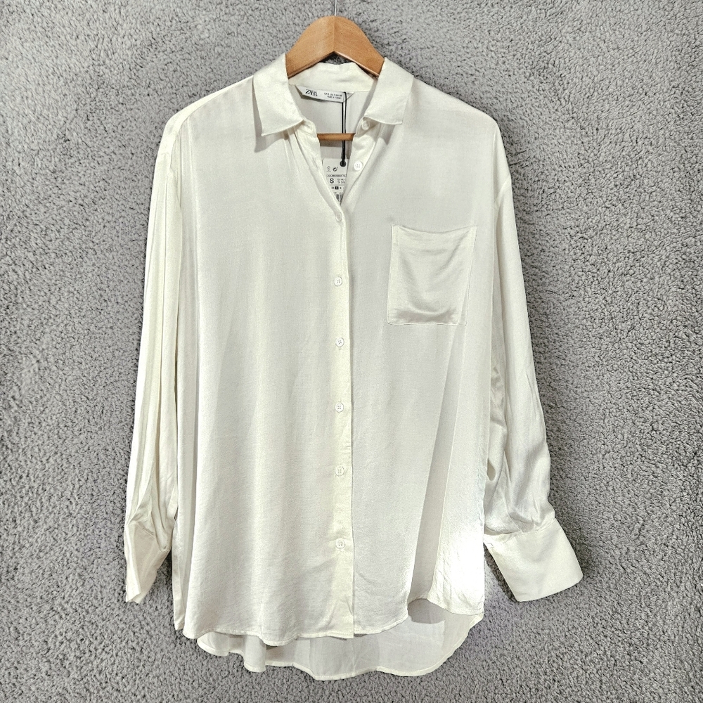 Zara Off White Satin Button Up Shirt S Small Long Sleeve Blouse Office Women's - Picture 2 of 13